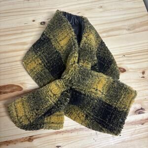 Adrienne Landau Womens One Size Faux Fur Scarf Neck Wrap Yellow Black Plaid